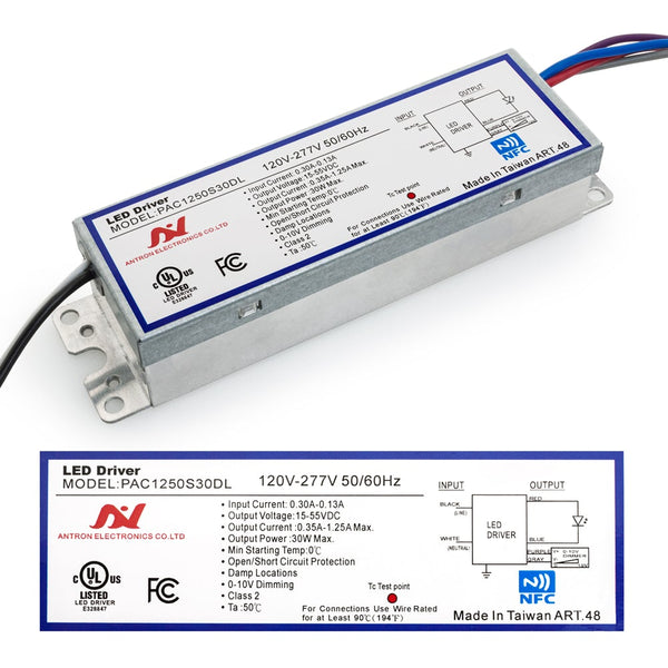 PAC1250S30DL Constant Current Programmable LED Driver with Custom Output Current 350-1250mA 15-55V 30W max - ledlightsandparts