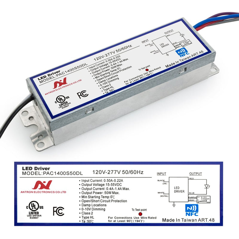 PAC1400S50DL Constant Current Programmable LED Driver with Custom Output Current 400-1400mA 15-55V 50W max - ledlightsandparts