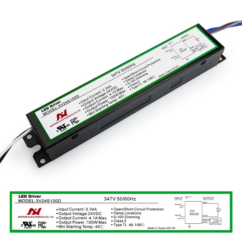 ANTORN 3V24S100D Constant Voltage LED Driver 0-10V Dimmable 347V Universal Input Voltage 4A 24V 100W - ledlightsandparts