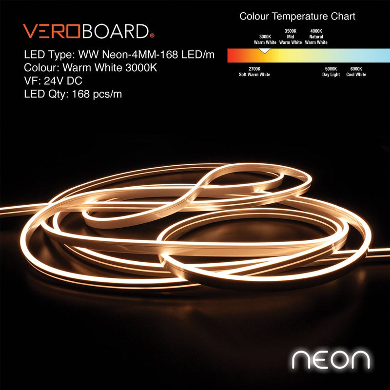 5M(16.4ft) LED Neon light Strip VBDFS-WW Neon-4MM-168 LED/m, 3000K Dimmable Silicone Waterproof Casing Side Emitting. - ledlightsandparts