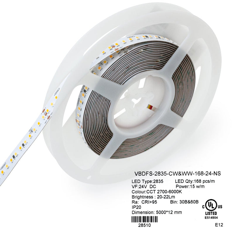 5M(16.4ft) Adjustable color temperature CW&WW LED strip 2835, 24V 5(w/ft) 1018-1120(Lm/ft) 168(LEDs/m) CCT(2.7K-6K Adjustable) - ledlightsandparts