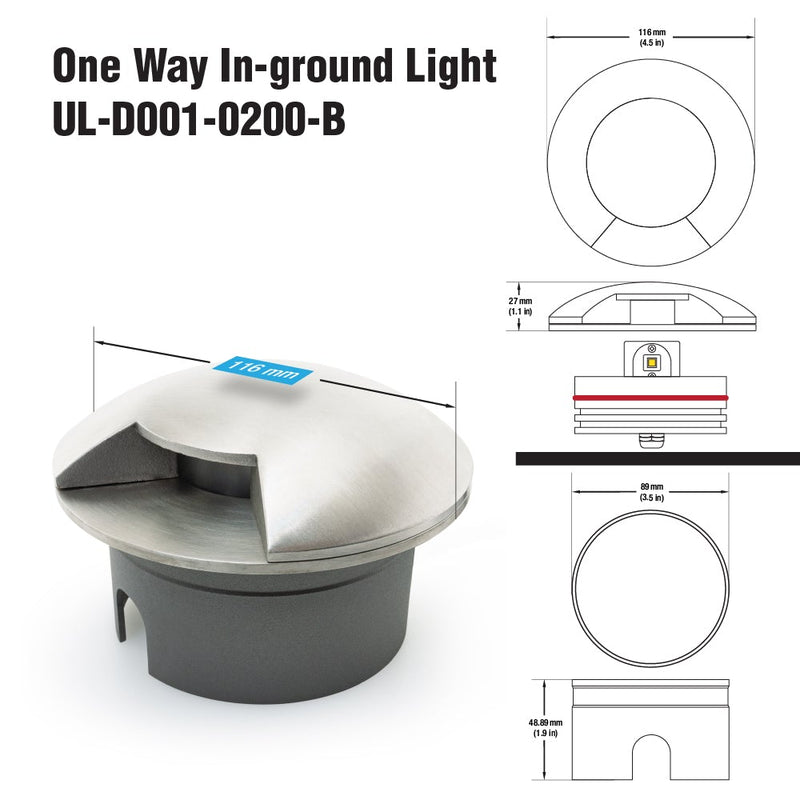UL-D001-0200-B 4.5inch Round Recessed Inground and Wall light, 24V 2W  45° Beam - ledlightsandparts