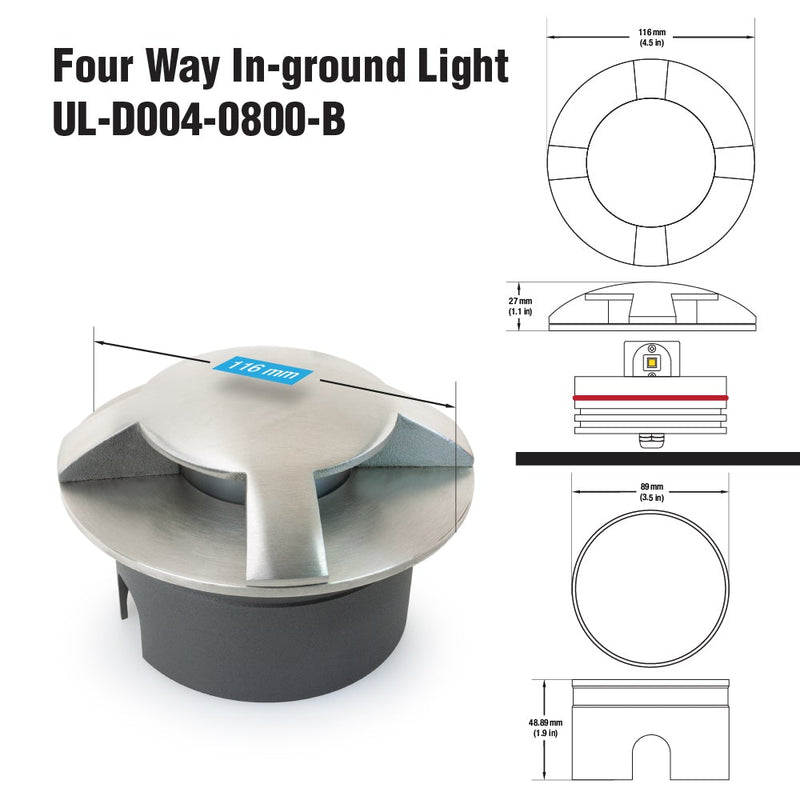 UL-D004-0800-B 4.5 Inch Dia Recessed LED In Ground Driveway light 24V 8W-Warm White - ledlightsandparts