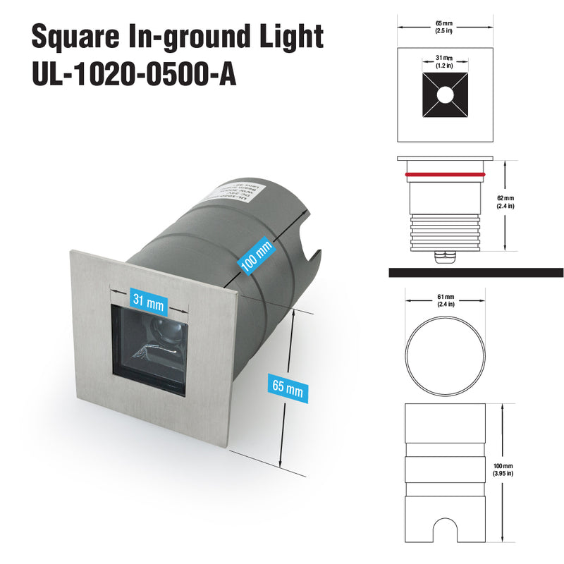 UL-1020-0500-A 2.5 Inch Square Inground Up light, 24V 5W 10° lens - ledlightsandparts