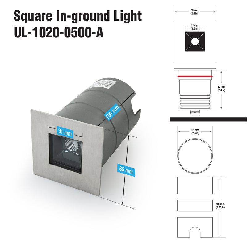 UL-1020-0500-A 2.5Inch Square Inground Up light, 24V 5W 12° Reflector - ledlightsandparts
