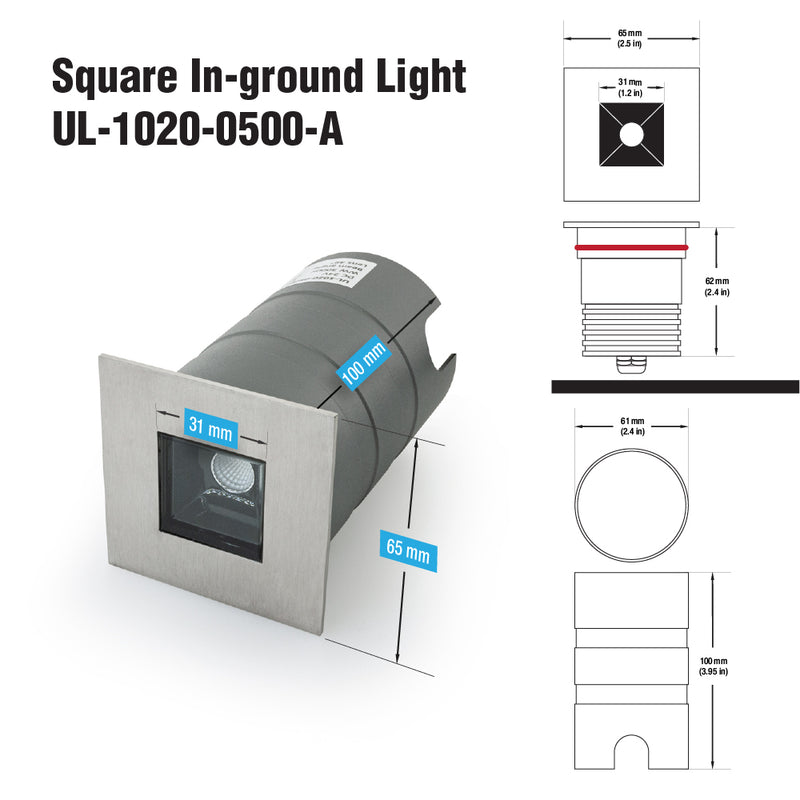 UL-1020-0500-A 2.5Inch Square Inground Up light, 24V 5W 34° Reflector - ledlightsandparts