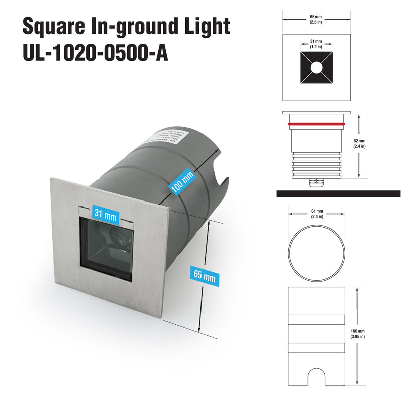 UL-1020-0500-A 2.5Inch Square Inground Up light, 24V 5W 36° lens - ledlightsandparts