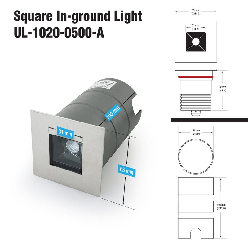 UL-1020-0500-A 2.5Inch Square Inground Up light, 24V 5W 48° Reflector - ledlightsandparts