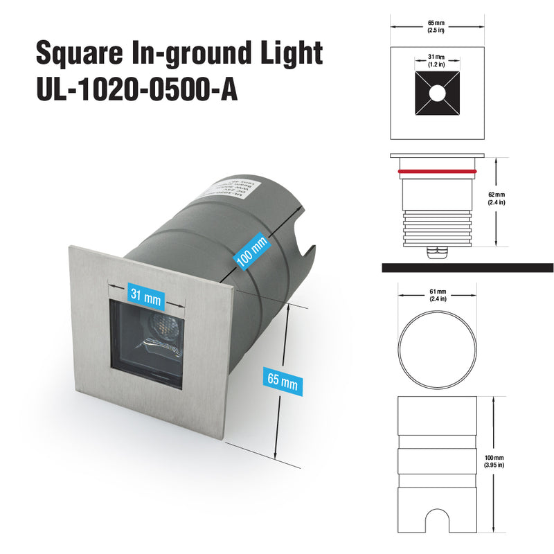 UL-1020-0500-A 2.5Inch Square Inground Up light, 24V 5W 48° lens - ledlightsandparts