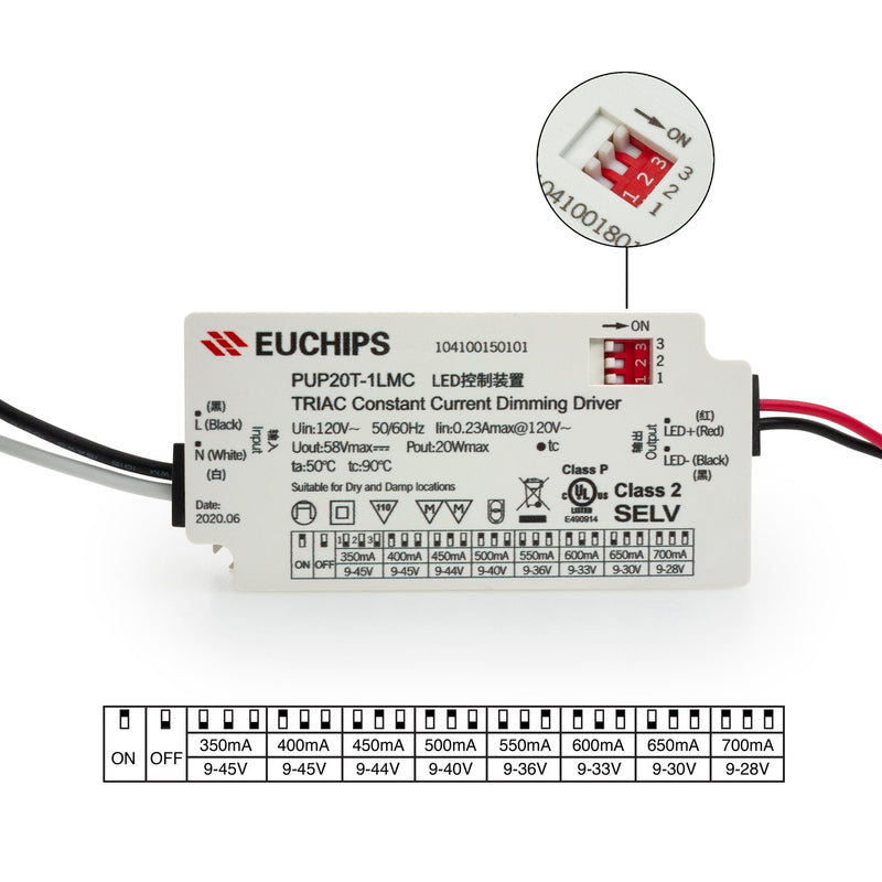 Constant Current Driver PUP20T-1LMC-700 Selectable, 120VAC 350 to 700mA - ledlightsandparts