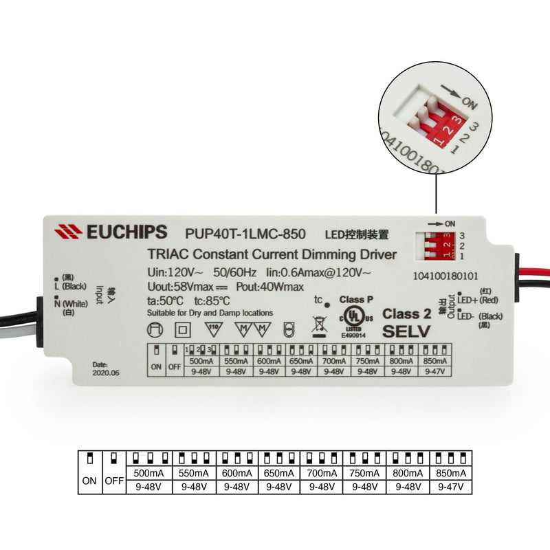 Constant Current Driver PUP40T-1LMC-850 Selectable, 120V 500 to 850MA - ledlightsandparts