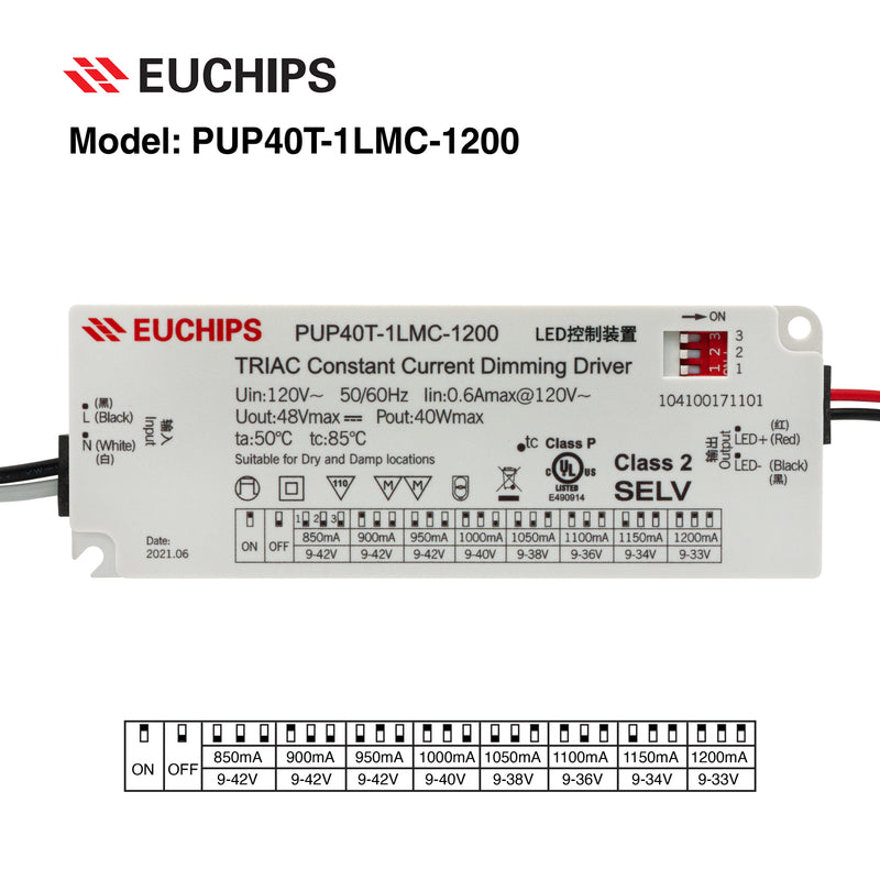 Constant Current Driver PUP40T-1LMC-1200 Selectable, 120VAC 850 to 1200mA - ledlightsandparts