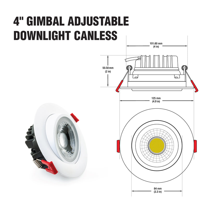 4 inch Round Recessed Gimbal Light Adjustable Canless AD-LED-4-S12W-5CCTWH-EY, (5CCT) 120V 12W - ledlightsandparts