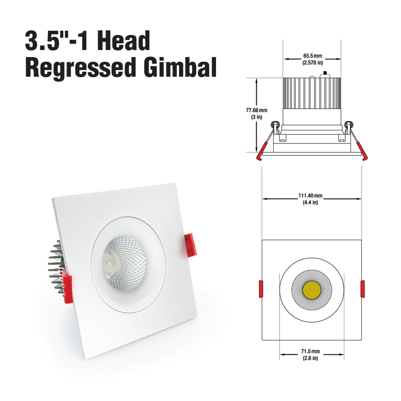 3.5 inch Regressed Square Gimbal AD-35S12W-5CCTWH-REY-SQ, (5CCT) 120V 12W - ledlightsandparts