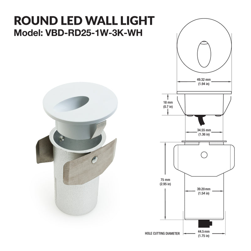VBD-RD25-1W-3K-WH Round LED Step Light, 12V 1W 3000K(Warm White) - ledlightsandparts