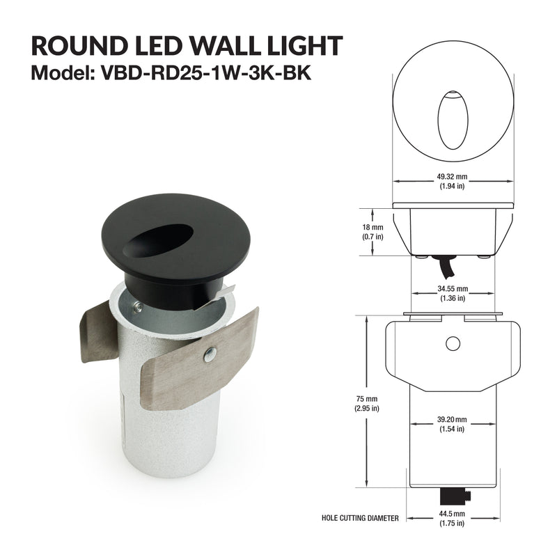 VBD-RD25-1W-3K-BK Round LED Step Light, 12V 1W 3000K(Warm White) - ledlightsandparts