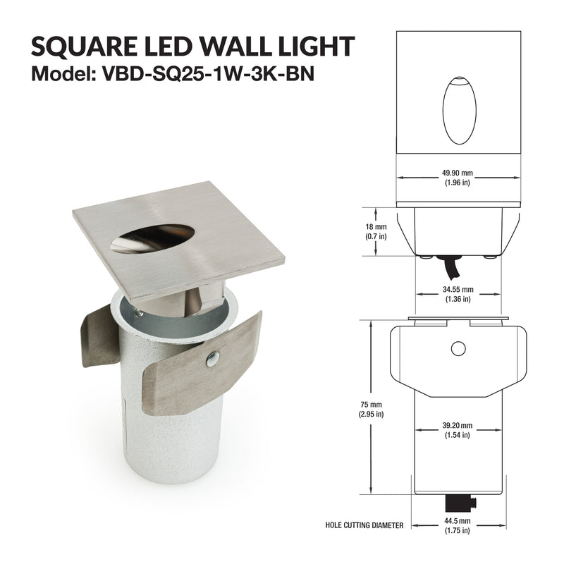 VBD-SQ25-1W-3K-BN Square LED Step Light, 12V 1W 3000K(Warm White) - ledlightsandparts