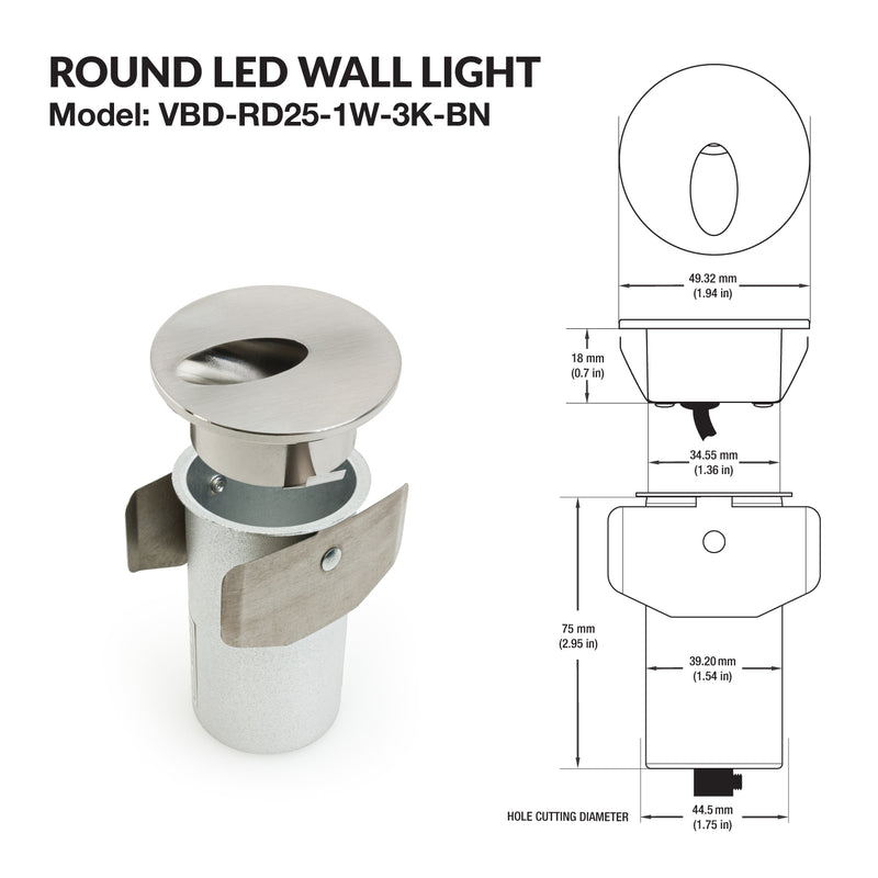 VBD-RD25-1W-3K-BN Round LED Step Light, 12V 1W 3000K(Warm White) - ledlightsandparts