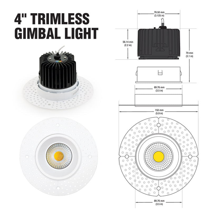4 inch Round Trimless Downlight LED-4-S15W-L5CCTWH-T, (5CCT) 120V 15W - ledlightsandparts