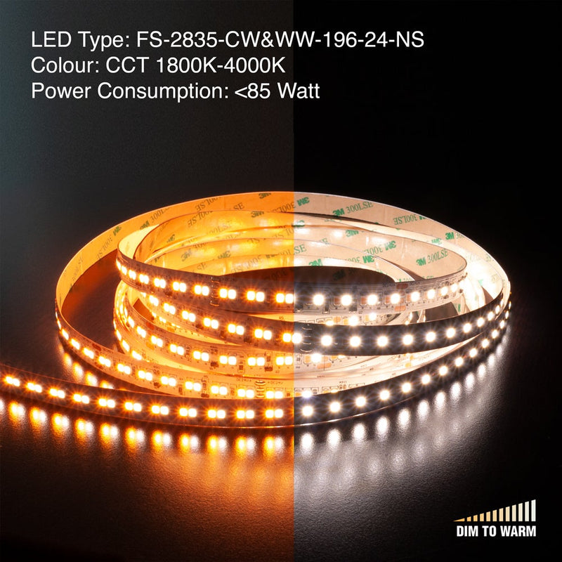 5M(16.4ft) Dim to Warm Hybrid Strip LED Strip 2835, 24V 5.5(w/ft) 196(LEDs/m) CCT(1.8K-4K Adjustable) - ledlightsandparts
