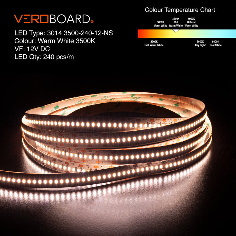 5M(16.4in) Indoor LED Strip 3014, 12V 6(w/ft) 727-873(Lm/ft) 240(LEDs/m) CCT(3K, 3.5K, 4K) - ledlightsandparts