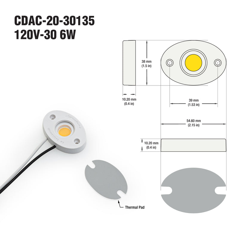 CDAC-20-30135-120V-30 COB LED Module with GPH48135A LED Holder, 120V 6W 3000K - ledlightsandparts