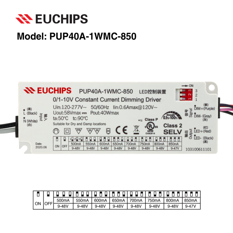 Constant Current Driver PUP40T-1WMC-850 Selectable, 120-277VAC 850 to 1200mA - ledlightsandparts