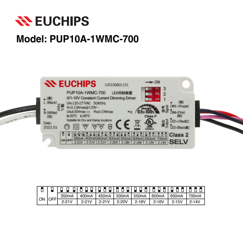 Constant Current Driver PUP10A-1WMC-700 Selectable, 120VAC-277VAC 350 to 700mA - ledlightsandparts