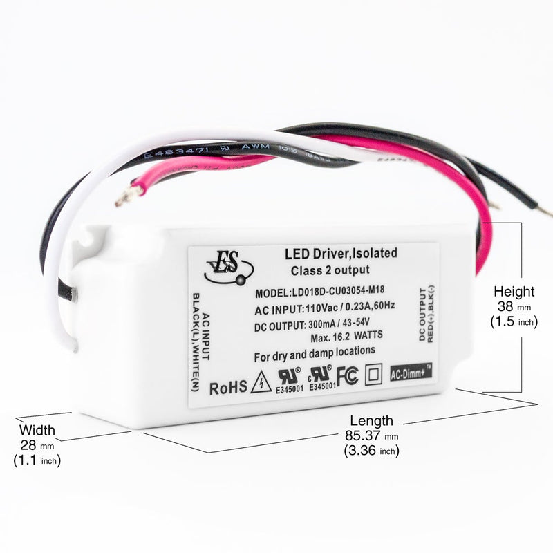 ES LD018D-CU03054-M18 Constant Current LED Driver, 300mA 43-54V 16.2W max - ledlightsandparts