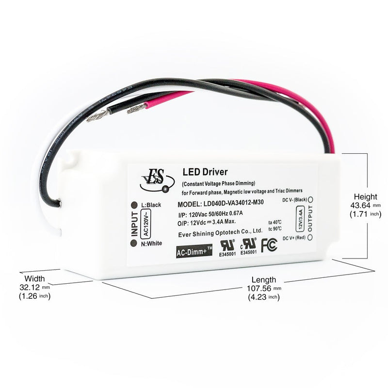 ES LD040D-VA34012-M30 SQJ-Box Constant Voltage LED Driver, 12V 3.4A 40W - ledlightsandparts