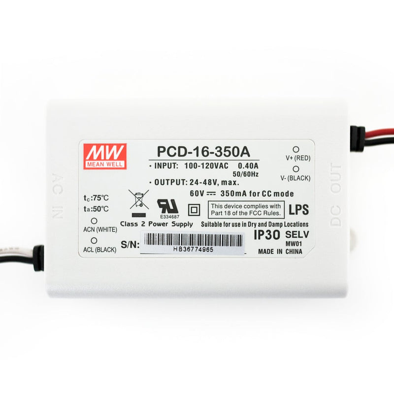 Mean Well PCD-16-350A Constant Current LED Driver, 350mA 24-48V 16W - ledlightsandparts