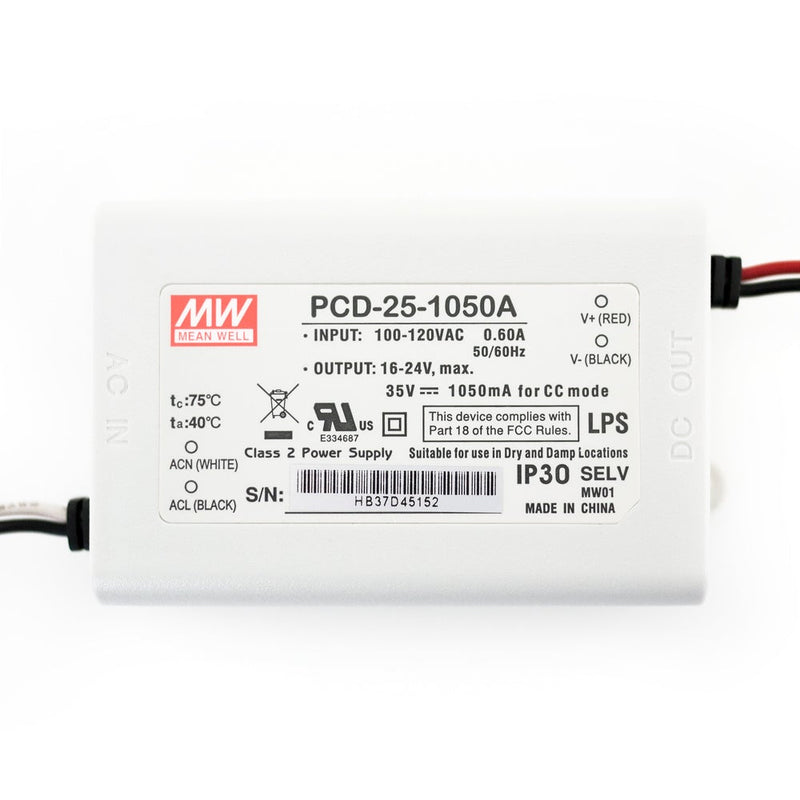Mean Well PCD-25-1050A Constant Current LED Driver, 1050mA 16-24V 25W - ledlightsandparts