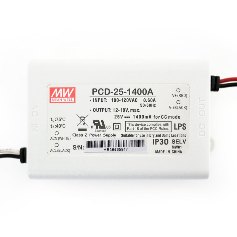 Mean Well PCD-25-1400A Constant Current LED Driver, 1400mA 12-18V 25W - ledlightsandparts