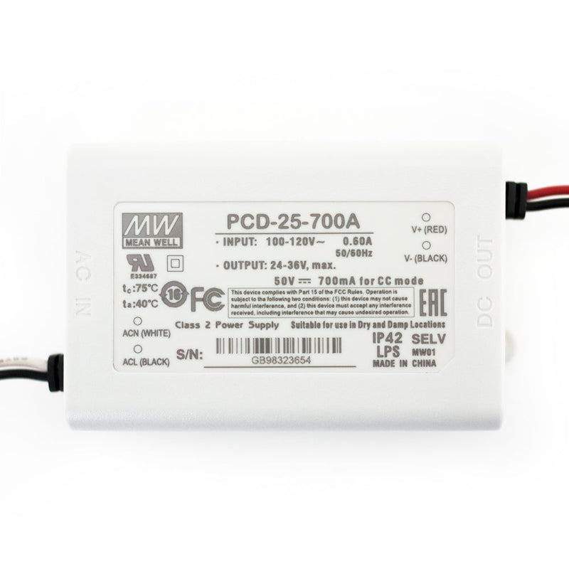 Mean Well PCD-25-700A Constant Current LED Driver, 700mA 24-36V 25W - ledlightsandparts